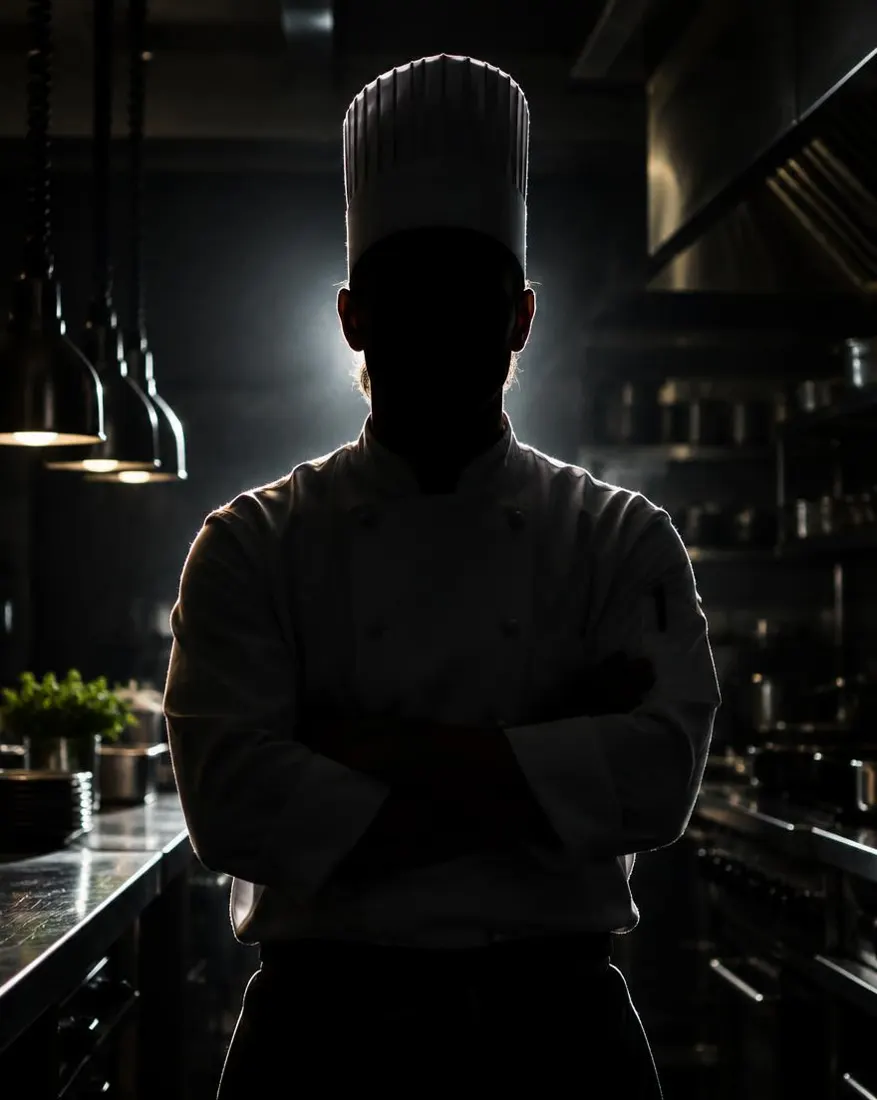 Silhueta de um Chef numa cozinha profissional
