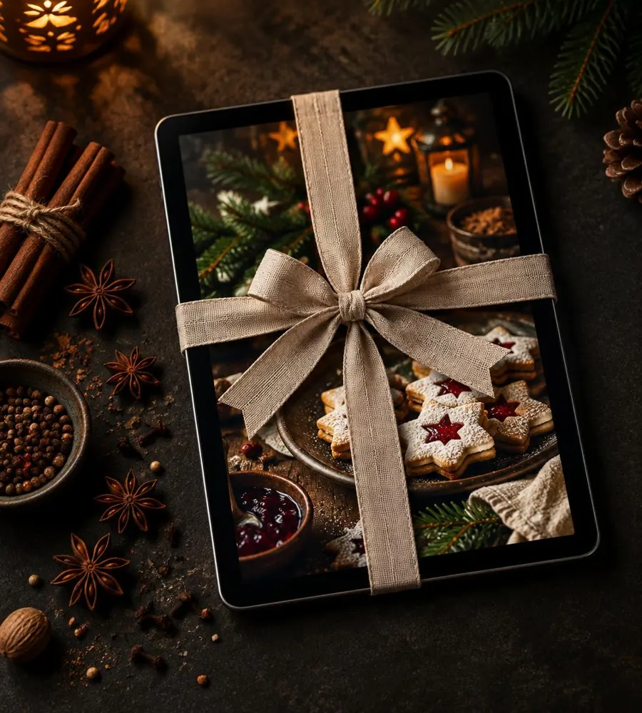 E-book festivo num tablet embrulhado com fita de linho, junto a especiarias