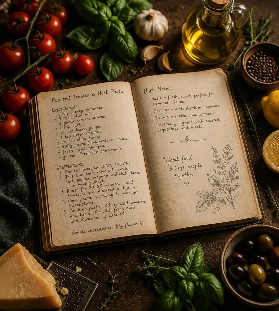 Livro de receitas aberto rodeado de ingredientes